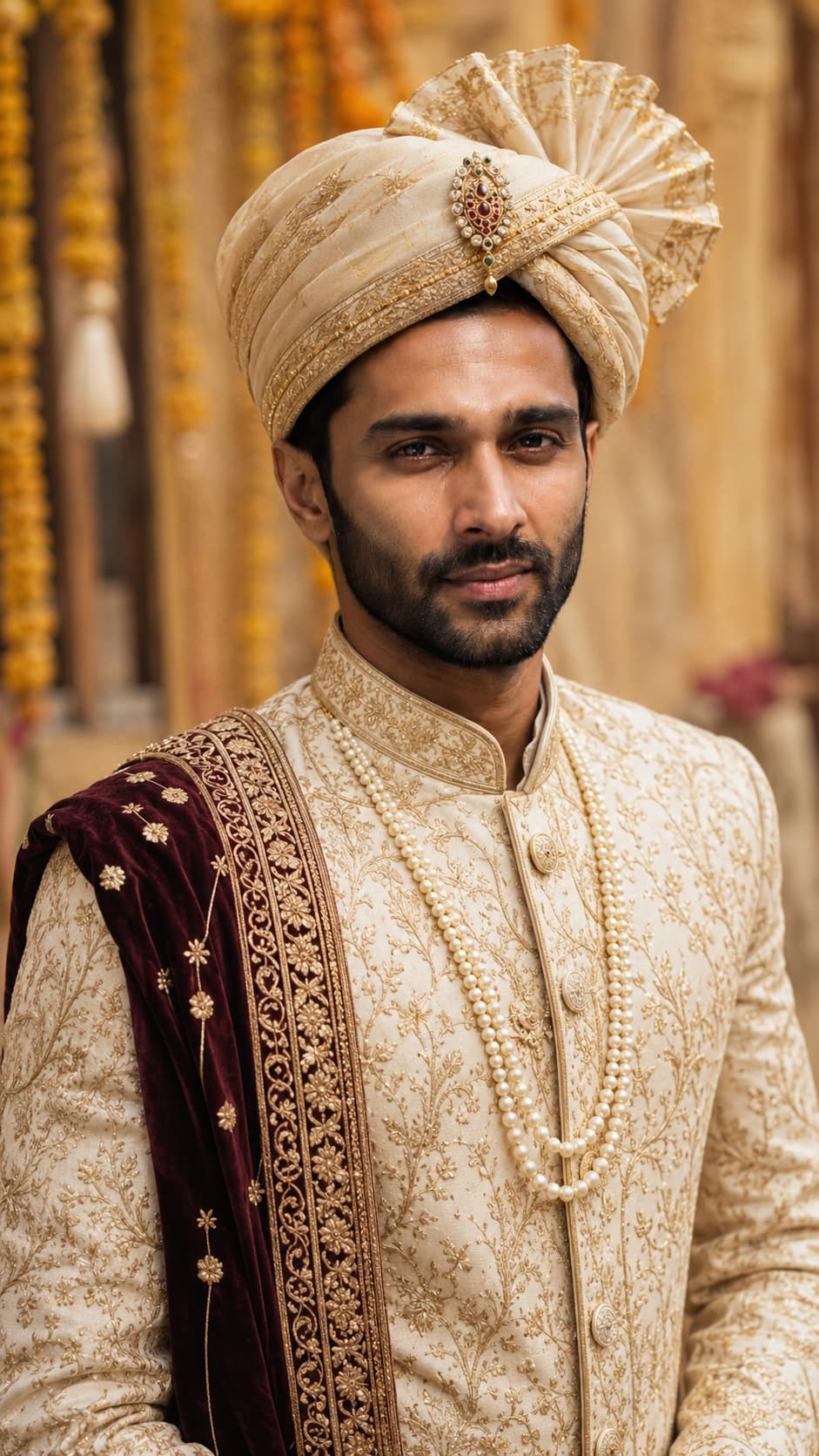 Groom in Cream Sherwani — AI photo created with this prompt