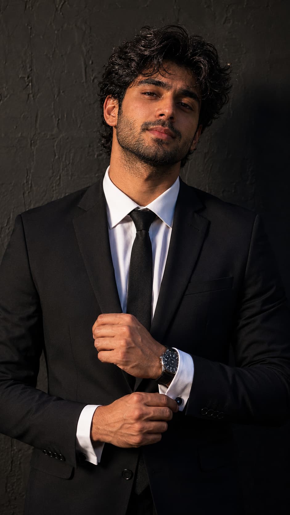 Man Black Suit Editorial — AI photo created with this prompt