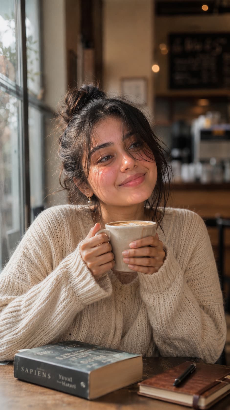 Woman Coffee Shop Cozy — AI photo created with this prompt