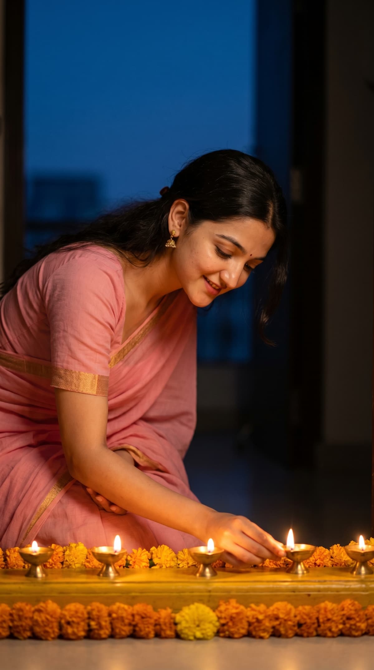 Diwali Woman Lighting Diya Row — AI photo created with this prompt