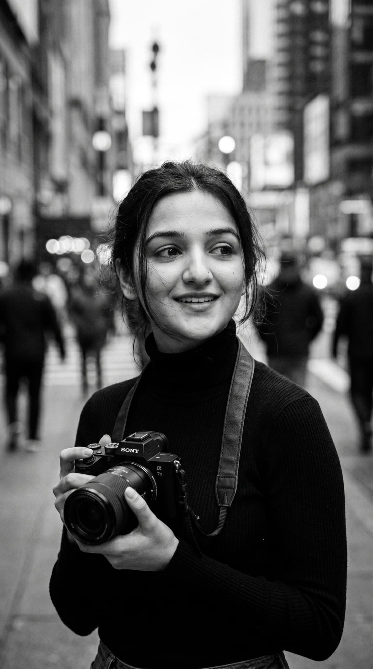 black-and-white street portrait — AI photo created with this prompt
