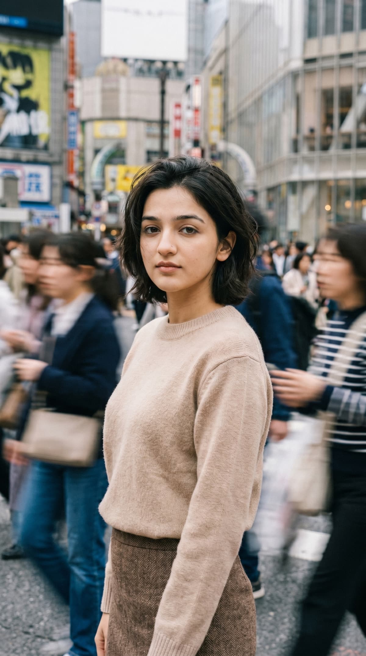 woman standing still in a busy urban crowd — AI photo created with this prompt