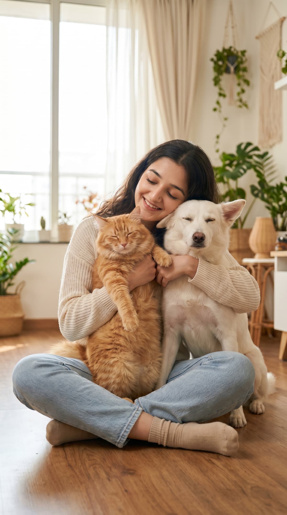 hugging pets — AI photo created with this prompt