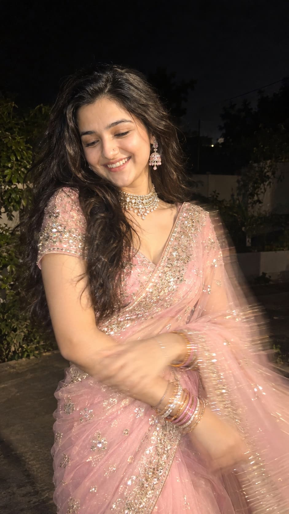 Candid Night Portrait in Pink Saree | Indian Traditional Look — AI photo created with this prompt