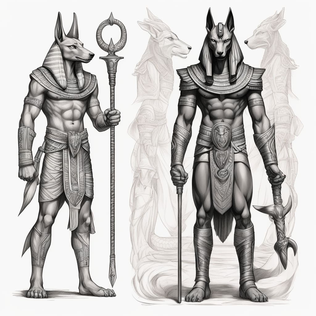 drawing of Anubis with a jackal face, angry, with a pharaoh's staff from Egyptian mythology in his right hand, a snake in his other hand, full body