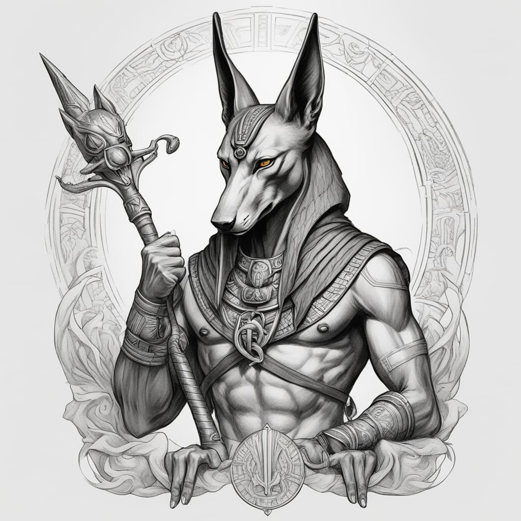 drawing of Anubis with a jackal face, angry, with a Ba scepter from Egyptian mythology in his right hand, a snake coiling around his body and the snake's head in Anubis' left hand, full body