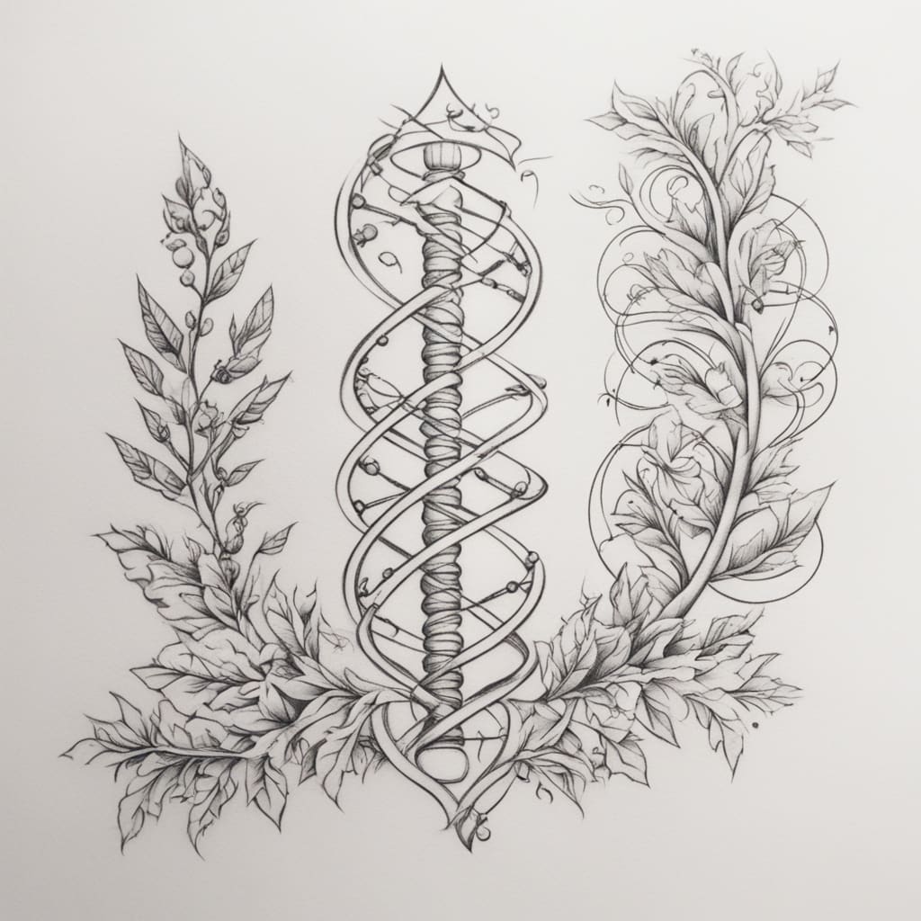 a tattoo that wraps the left arm starting from below the wrist and going up above the arm to the top of the shoulder in the shape of dna with geometric lines whose branches are represented by dates of birth written in dd -mm-yyyy