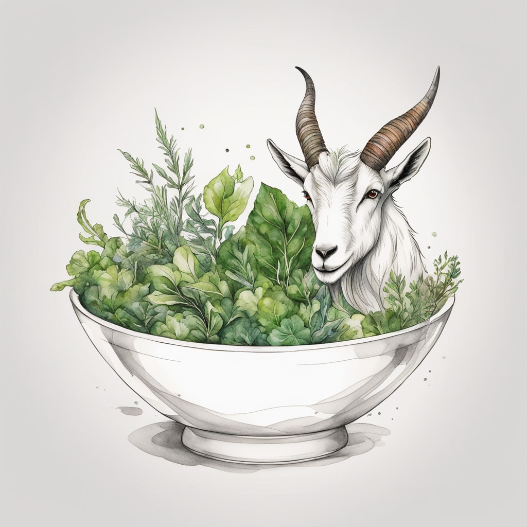 The background is white, featuring a modern design of a glass bowl filled with mixed greens, looking fresh and delicious. A simple, stylish goat beard logo design is integrated with the bowl design, with a variety of colors.