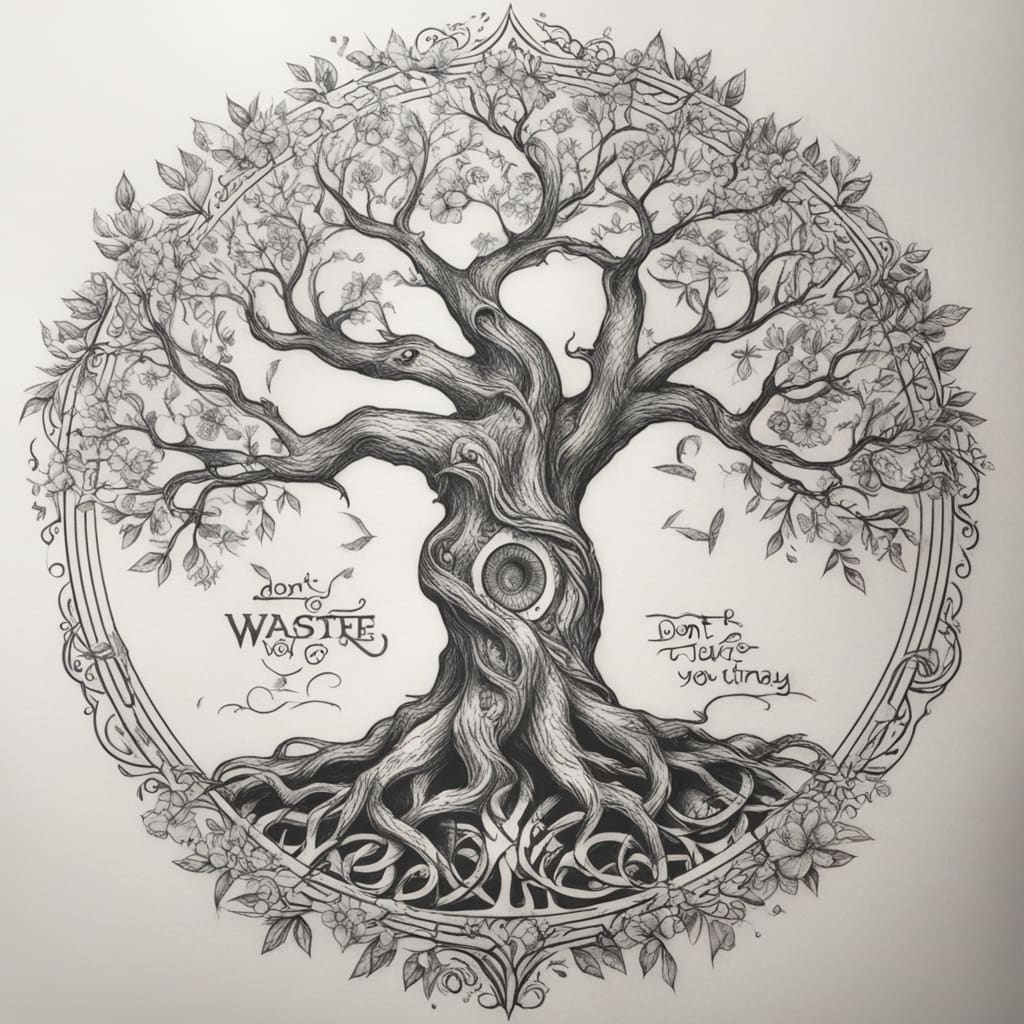 Tree of life with combination of the text " dont waste your time looking back youre not going that way"