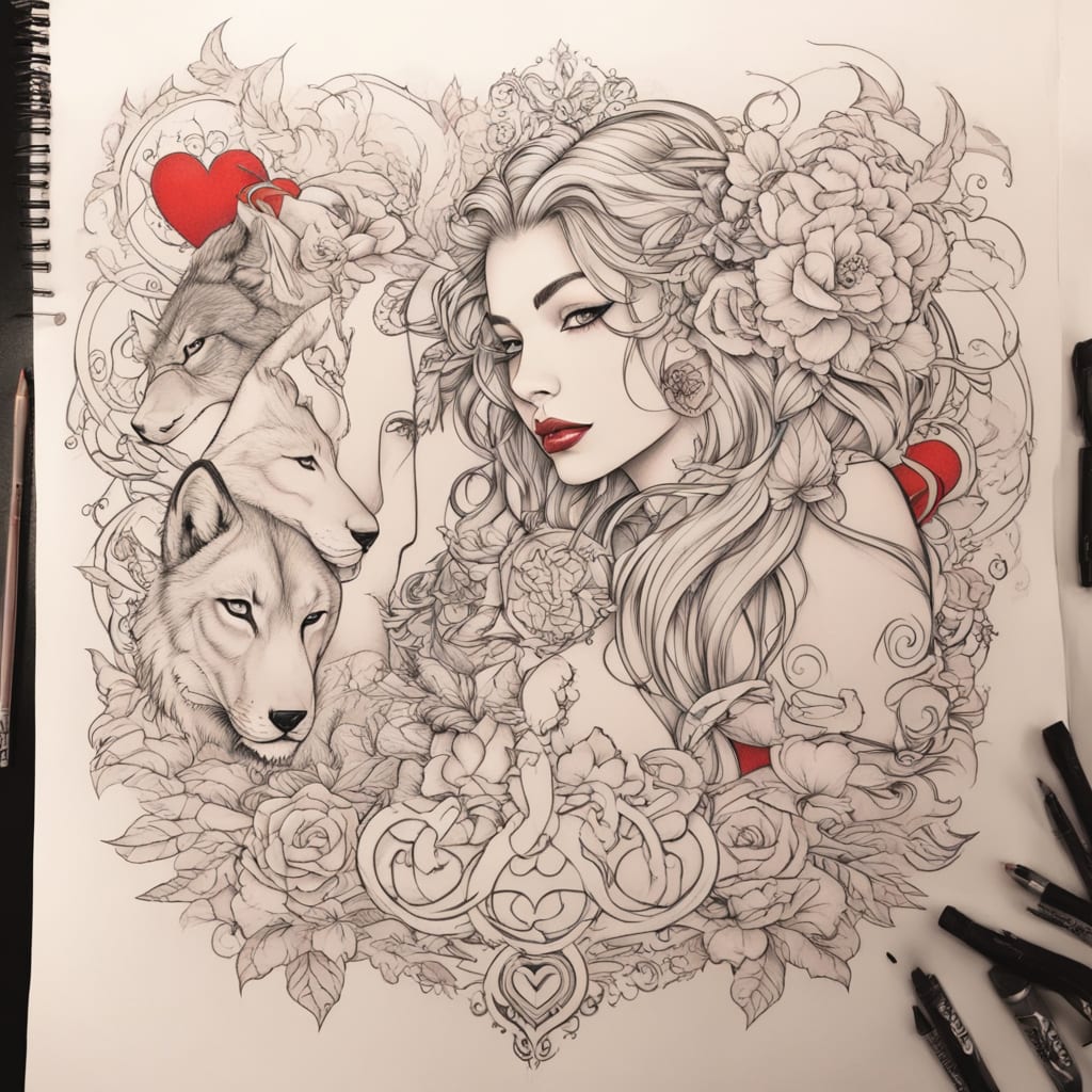 polka trash style tattoo on back, nude girl with wolf head on left side, nude girl with lion head on right side, justizia nude in middle with balance, left side of balance is a brain, right side of balance is a heart. black and red higlights