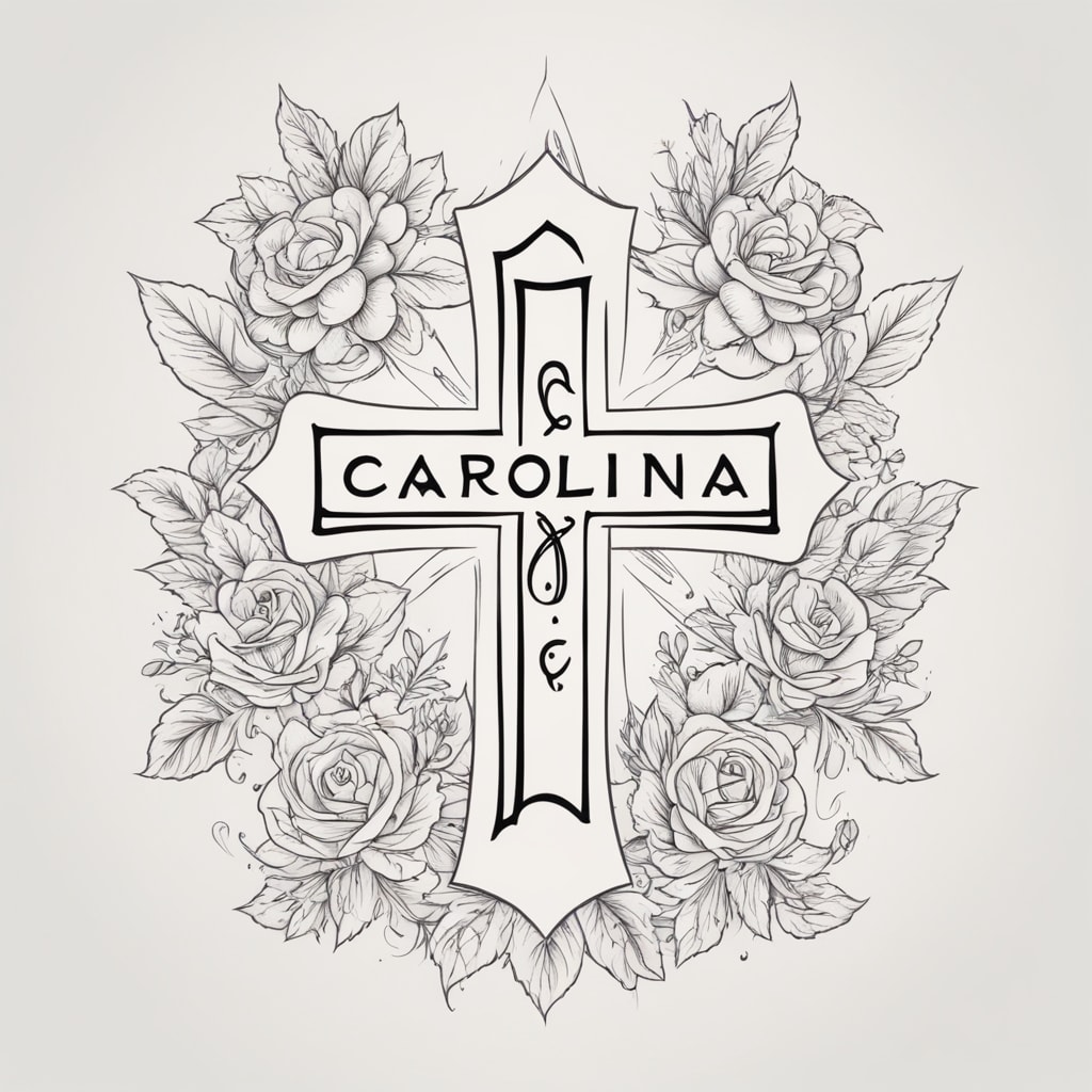 tattoo minimalist fineline simple drawing handwritten name "Carolina" and small cross