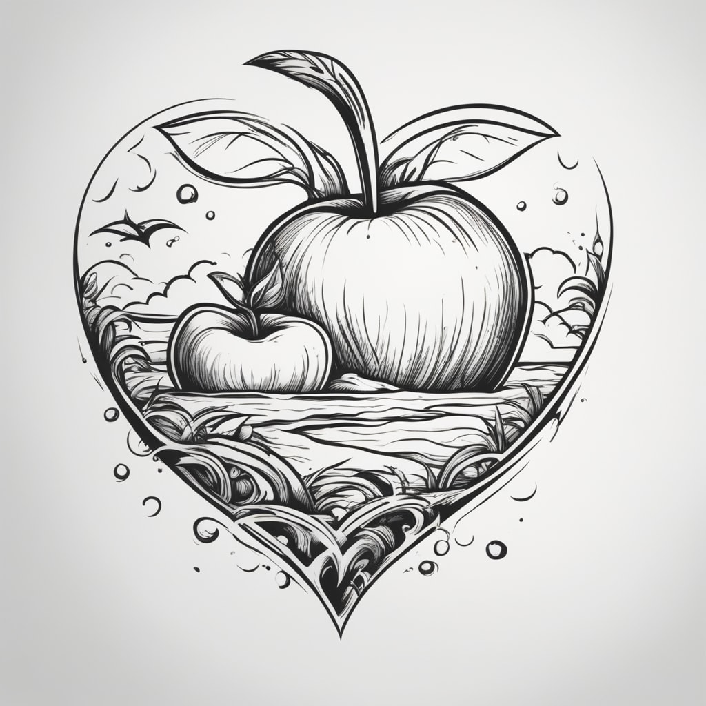 dessin enfantin d'une pomme terre germée en forme de cœur, avec une plage dans la pomme de terre