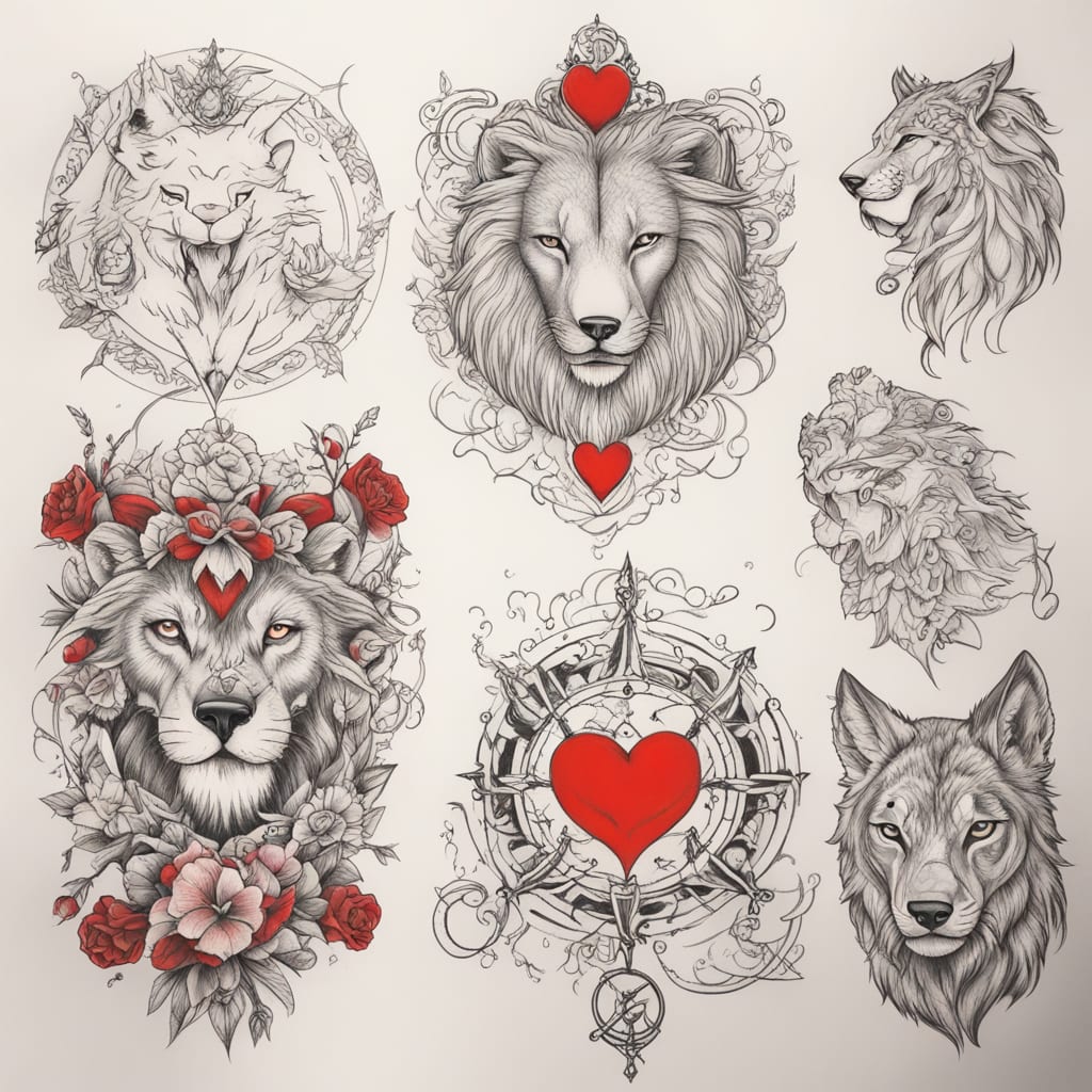 polka trash style tattoo on back, girl with wolf head on left side, girl with lion head on right side, justizia nude in middle with balance, left side of balance is a brain, right side of balance is a heart. black and red higlights