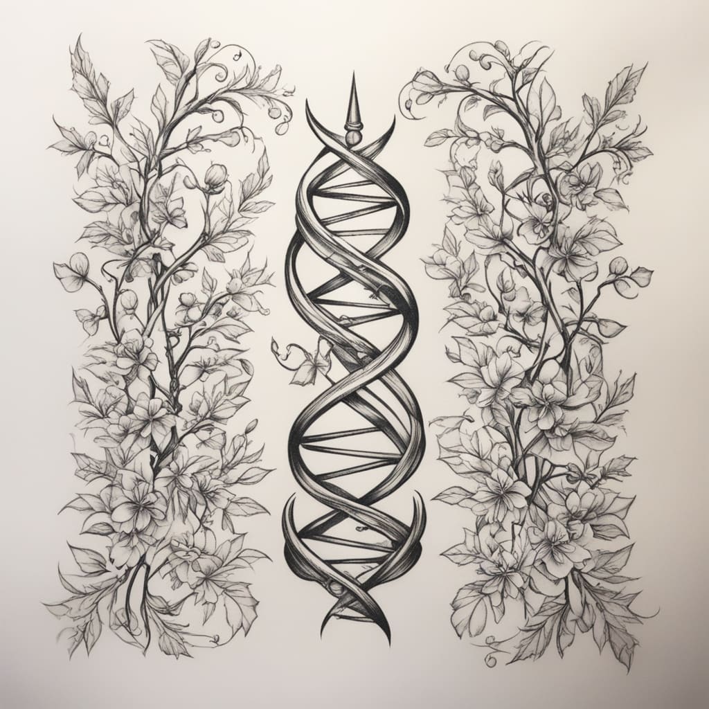 a tattoo that wraps the left arm starting from below the wrist and going up above the arm to the top of the shoulder in the shape of dna whose branches are represented by dates of birth written in dd-mm-yyyy