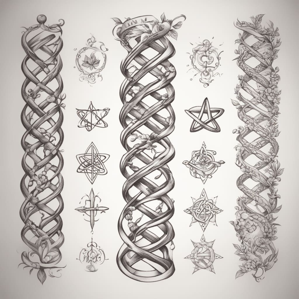 a tattoo that wraps the left arm starting from below the wrist and going up above the arm to the top of the shoulder in the shape of dna whose branches are represented by dates of birth written in dd-mm-yyyy