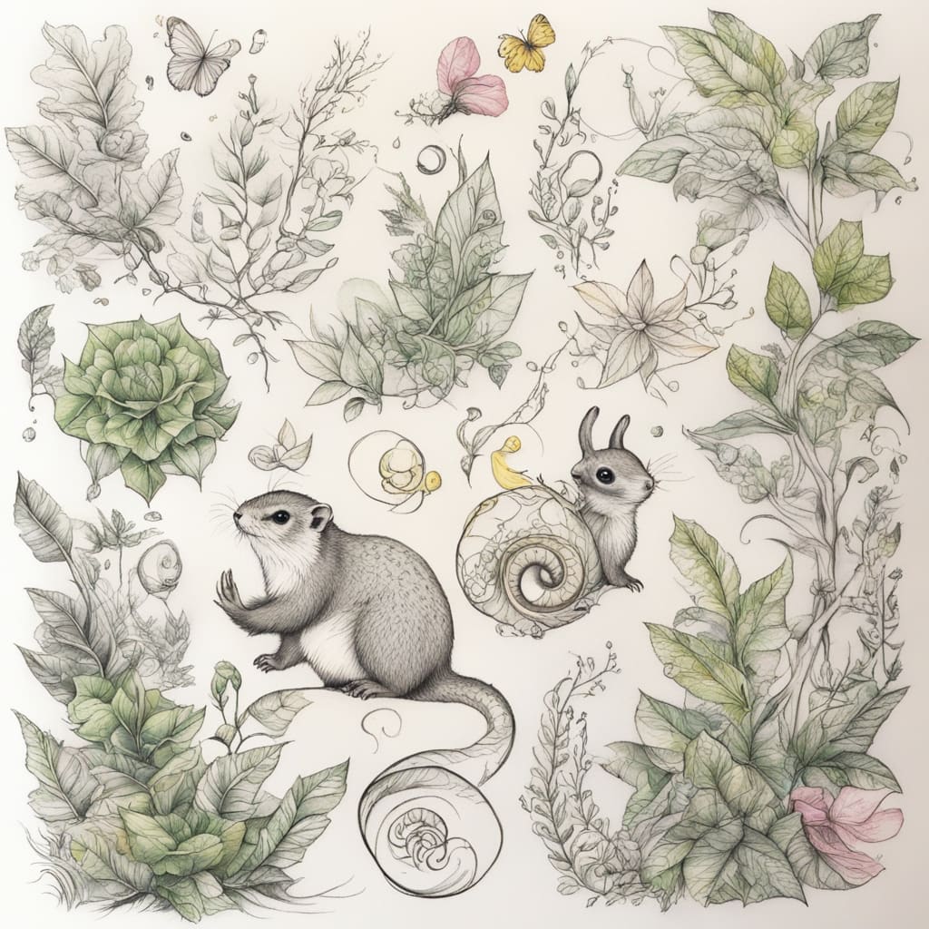 I would like it to look as magical and gentle as possible, but realistic, like a small magical forest. Two ferrets are running through the leaves for distillation, and two fairies are sitting on their fur, a slow forest snail is crawling somewhere along a leaf, a green toad is hiding under a gunner leaf, yellow, pink and blue gypsophila grow here and there, amazing forget-me-nots, phlox, fabulous abutilon, fern and colorful primrose. Yellow, blue, green, pink and blue butterflies flutter among all this beauty. One fairy can peek out from behind the leaves. The other is to sit on a flower, as if resting. The third is to play with a butterfly. It's just that I don't want it to look like just a sleeve, I want it to look like a part of me. It should be a full-fledged picture that can be continued and continued, not fragments, one should flow from the other, but there should also be areas of just clean skin on the hand, that is, no matter where the spot came from, only leaves, flowers, fairies and animals , one ferret will run along the face. one part of the arm is approaching the side, and the other is already on the back running somewhere towards the shoulder. This arrangement will add dynamics and naturalness — the ferrets will seem to actually move along the arm, and not just stand in a static position. This will also help to avoid the feeling of a "straight sleeve", because the drawing will flow around the arm and change perspective when moving. Along the trajectory of movement, butterflies can fly apart, emphasizing the liveliness of the composition. I need to create a joyful feeling of running, freedom, so that the drawing is not just a frozen fragment, but flows around my hand and changes perspective as I move. If the leaves and flowers deviate slightly in the direction of the ferrets' movement, this will create the illusion of speed, as if they are running past and the wind is playing with the plants. Tattoo should be very big