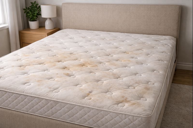 Stained mattress before professional sanitization cleaning