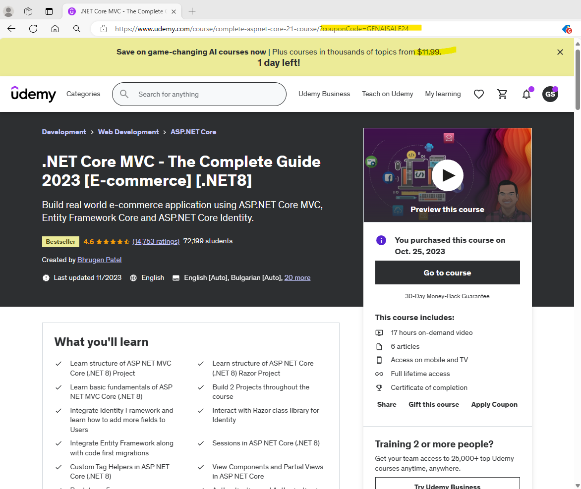 Link to Udemy course sale for .NET Core MVC - The Complete Guide 2023 [E-commerce] [.NET8] for $11.99