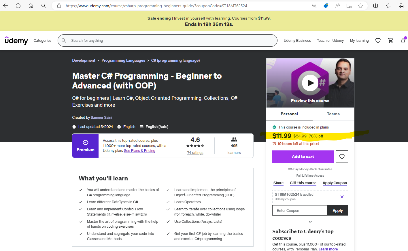 Link to Udemy course sale for Master C# Programming - Beginner to Advanced (with OOP) for $11.99.