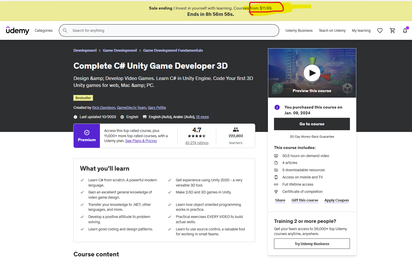 Link to Udemy course sale for Complete C# Unity Game Developer 3D