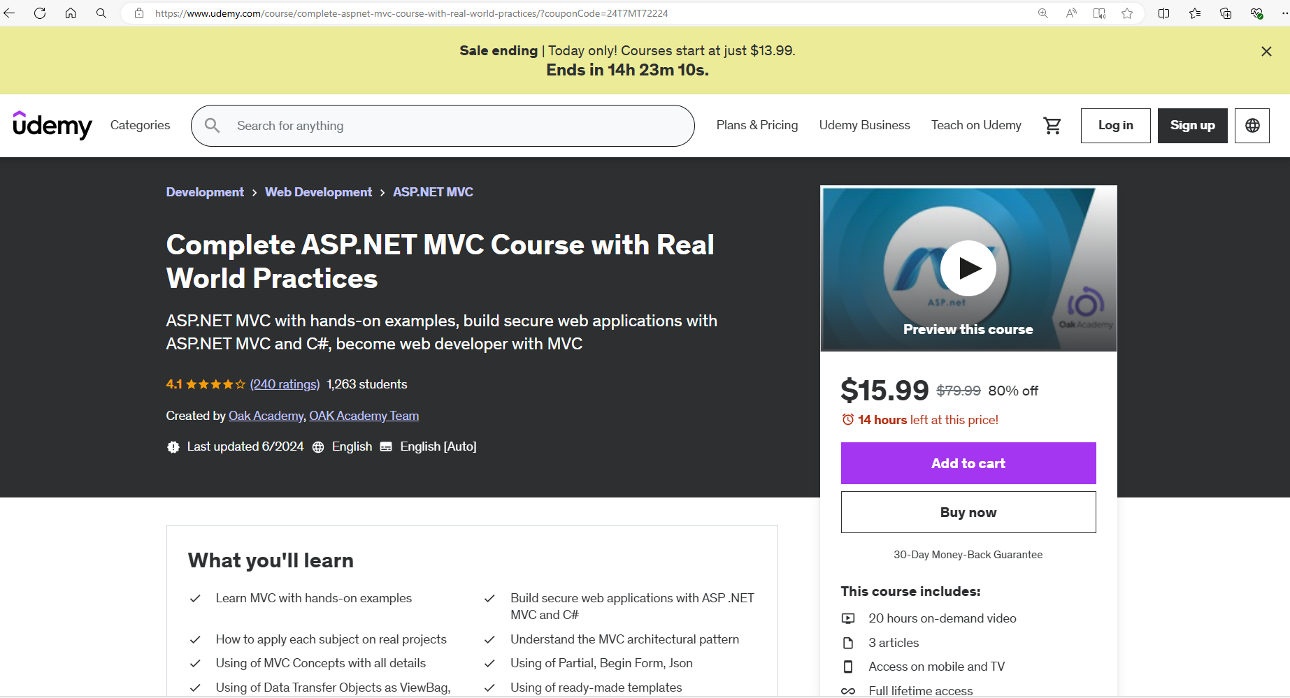 Link to Udemy.com course: Complete ASP.NET MVC Course with Real World Practices.