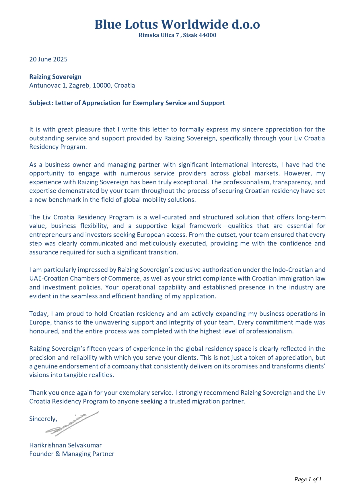 Letter of Appreciation by Harikrishnan Selvakumar