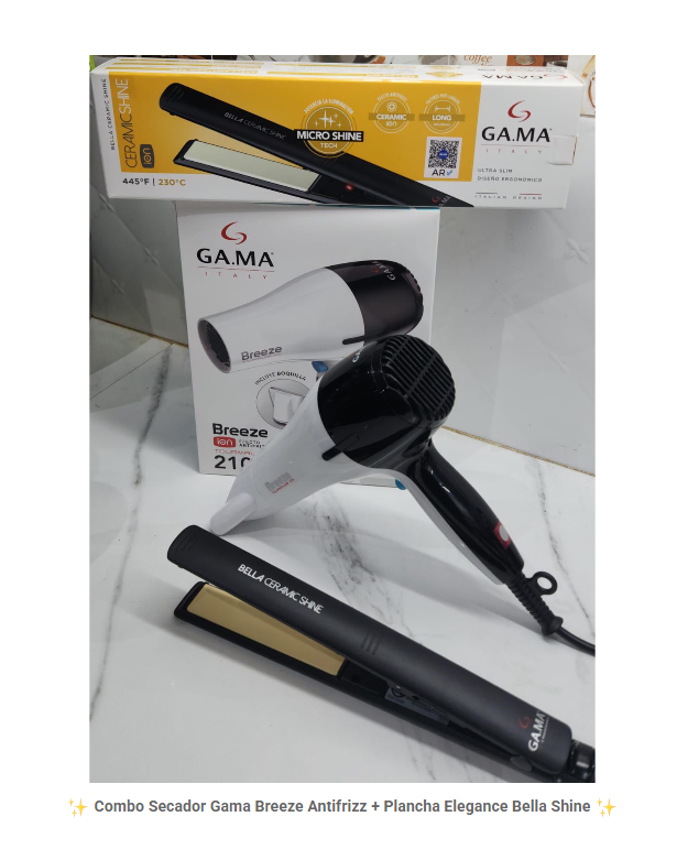 COMBO SECADOR GA.MA BREEZE ANTIFRIZZ + PLANCHA ELEGANCE BELLA SHINE
