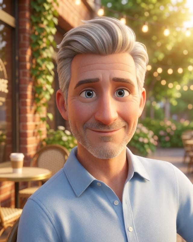 Pixar-style cartoon of Gary Ricke, a man with silver swept-back hair and light stubble wearing a light-blue polo shirt.