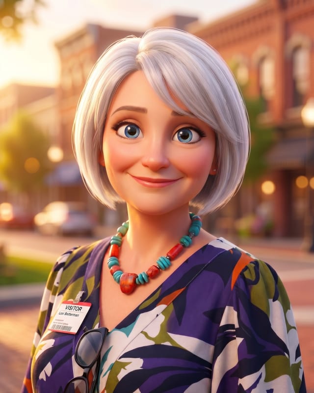 Pixar-style cartoon of Lori Botterman, a woman with a silver bob and a floral blouse.
