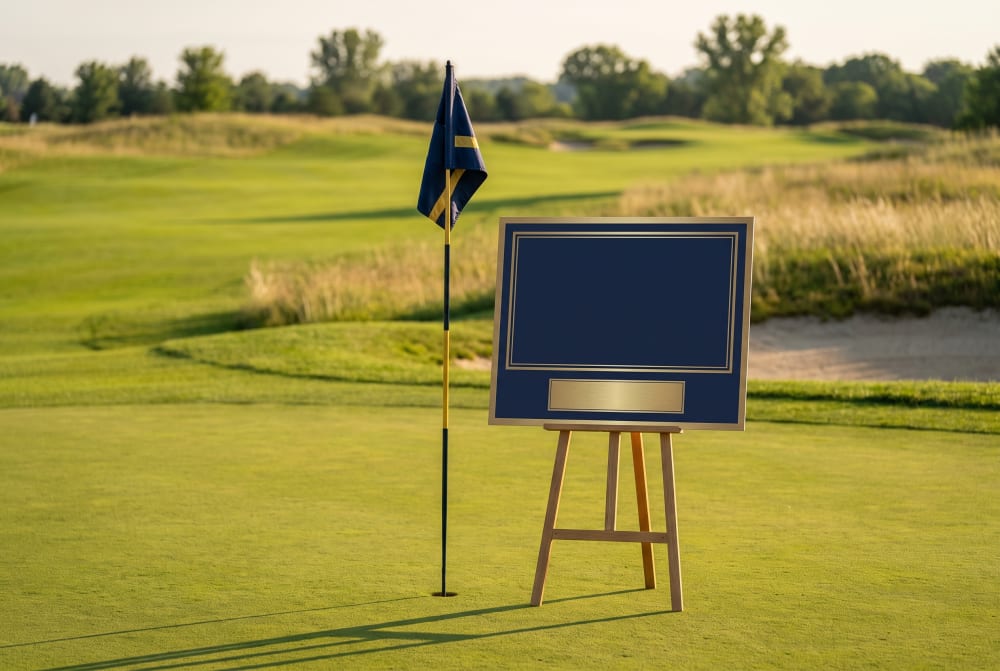 Navy and gold hole-sponsor sign concept beside the green