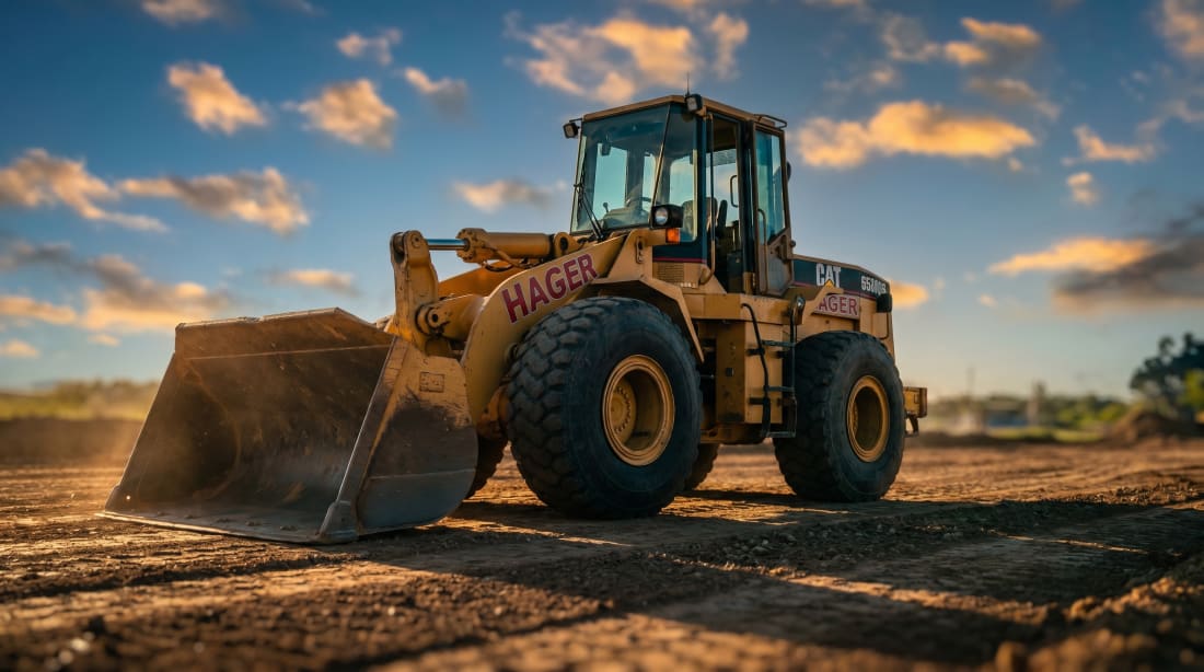 Hager Caterpillar wheel loader at golden hour on a graded jobsite