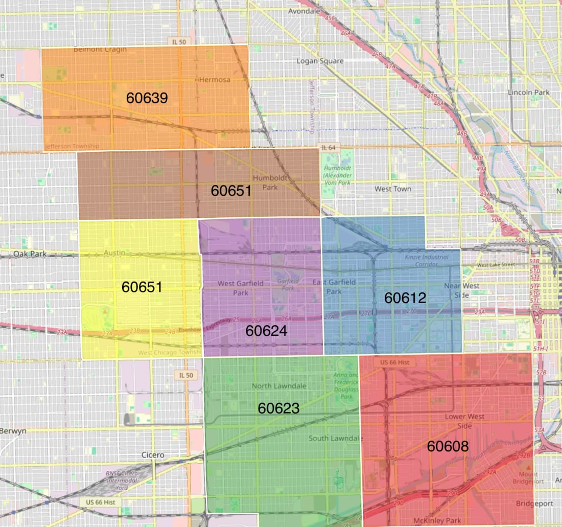 Map of Chicago's West Side highlighting the seven WSU priority zip codes