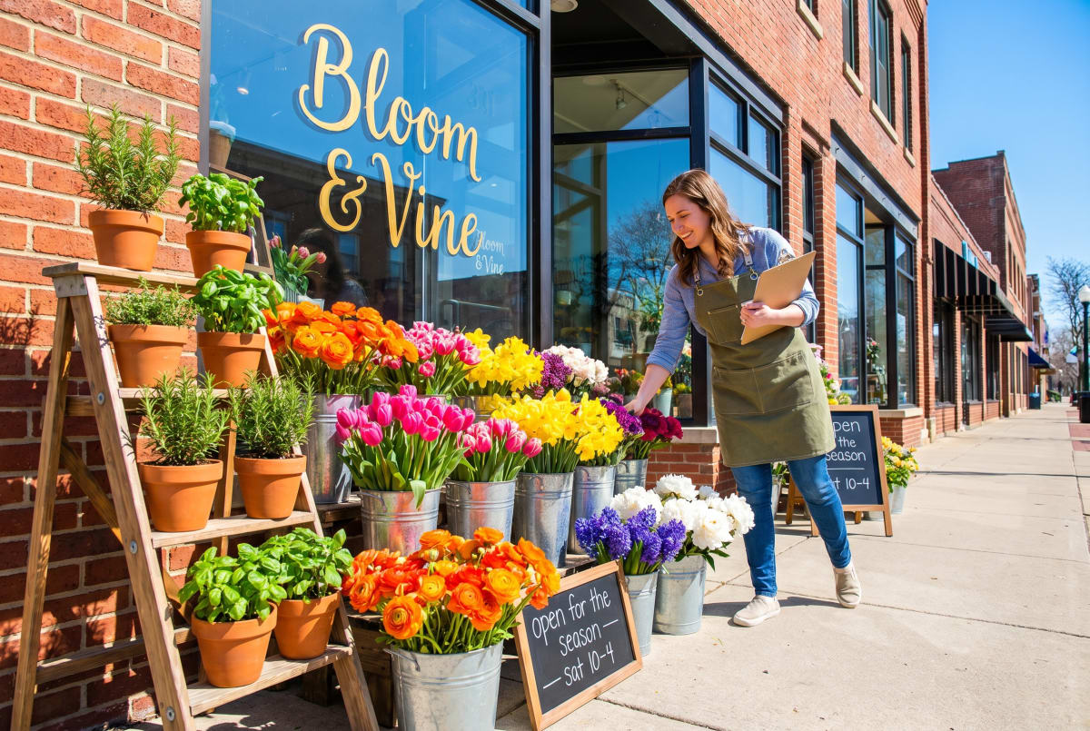 A flower shop named Bloom & Vine opens for the season in downtown St. Charles. Galvanized buckets of vivid orange ranunculus, pink tulips, yellow daffodils, and purple hyacinths line the sidewalk. The shopkeeper, in a green canvas apron, arranges a bucket.