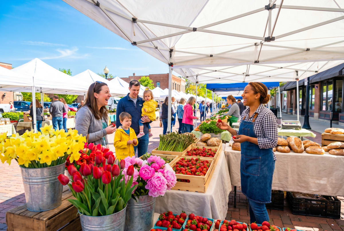 Saturday farmers market in downtown Geneva — tulips and strawberries under white tents, a vendor handing a sample to a young family.