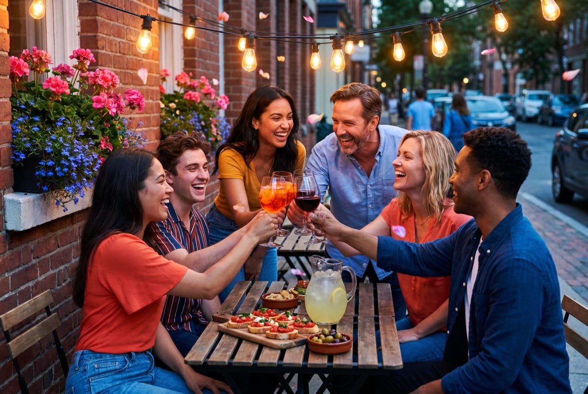 Six friends laugh around a wooden bistro table on a downtown patio just after sunset. Edison-bulb string lights overhead, aperol spritz and red wine raised in a toast, a platter of bruschetta on the table. Pink geraniums and blue lobelia bloom in a window box behind them.