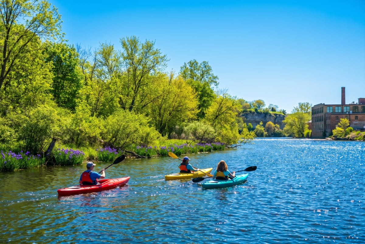 Three kayakers in red, yellow, and turquoise paddle on the Fox River. Lush new-growth trees and wild purple irises line the bank. An old limestone mill is visible downstream.