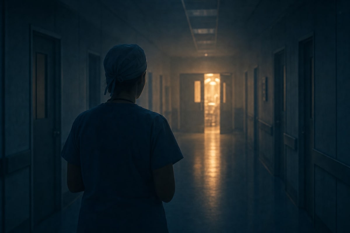 A surgeon's silhouette in a darkened corridor, doors opening toward warm light