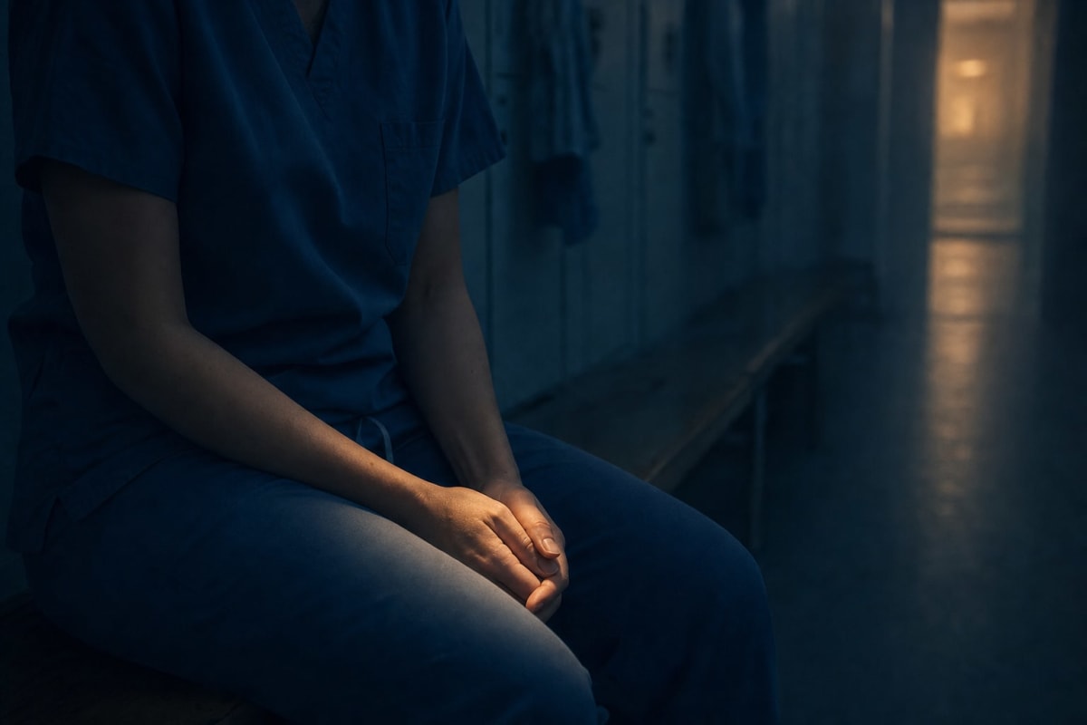A pair of surgeon's hands at rest, warm light held between them in the dark