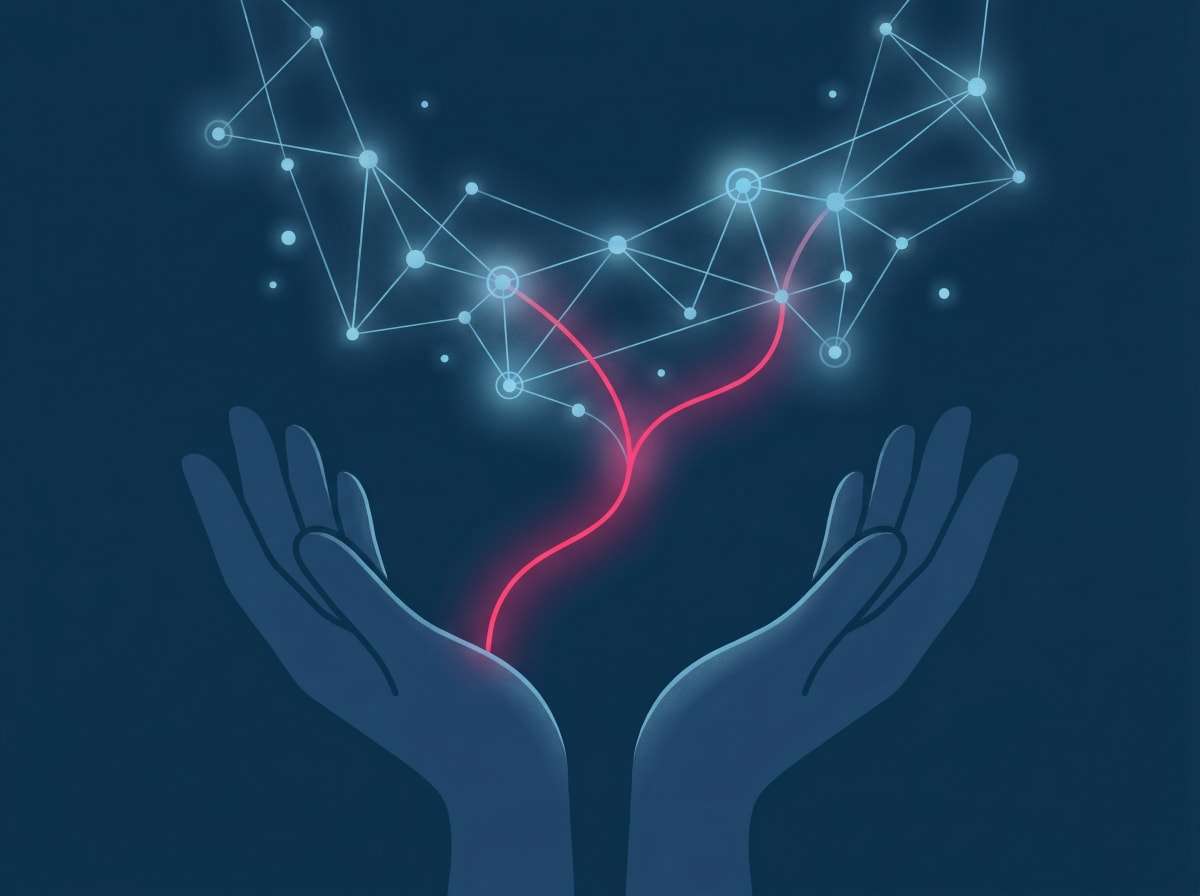 Illustration of hands releasing a thread into a constellation of nodes