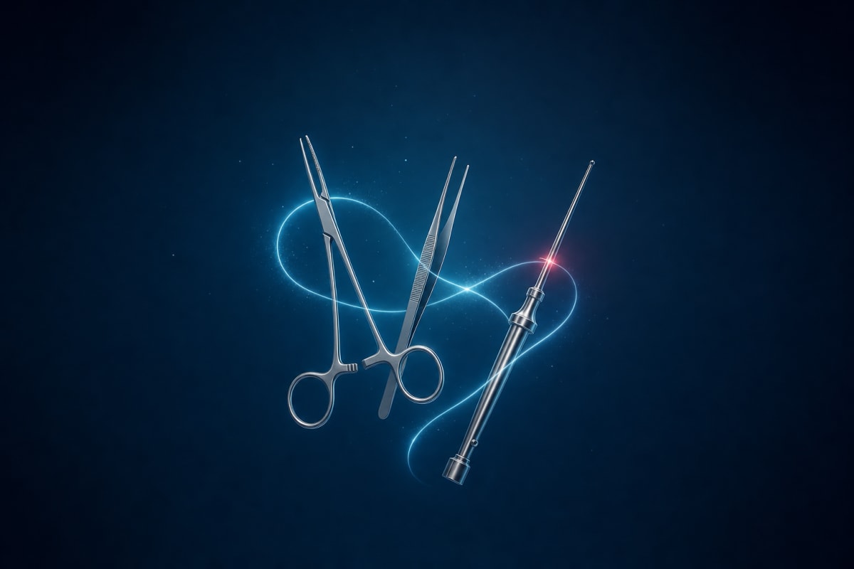 Surgical instruments and a slender custom device on a deep navy field