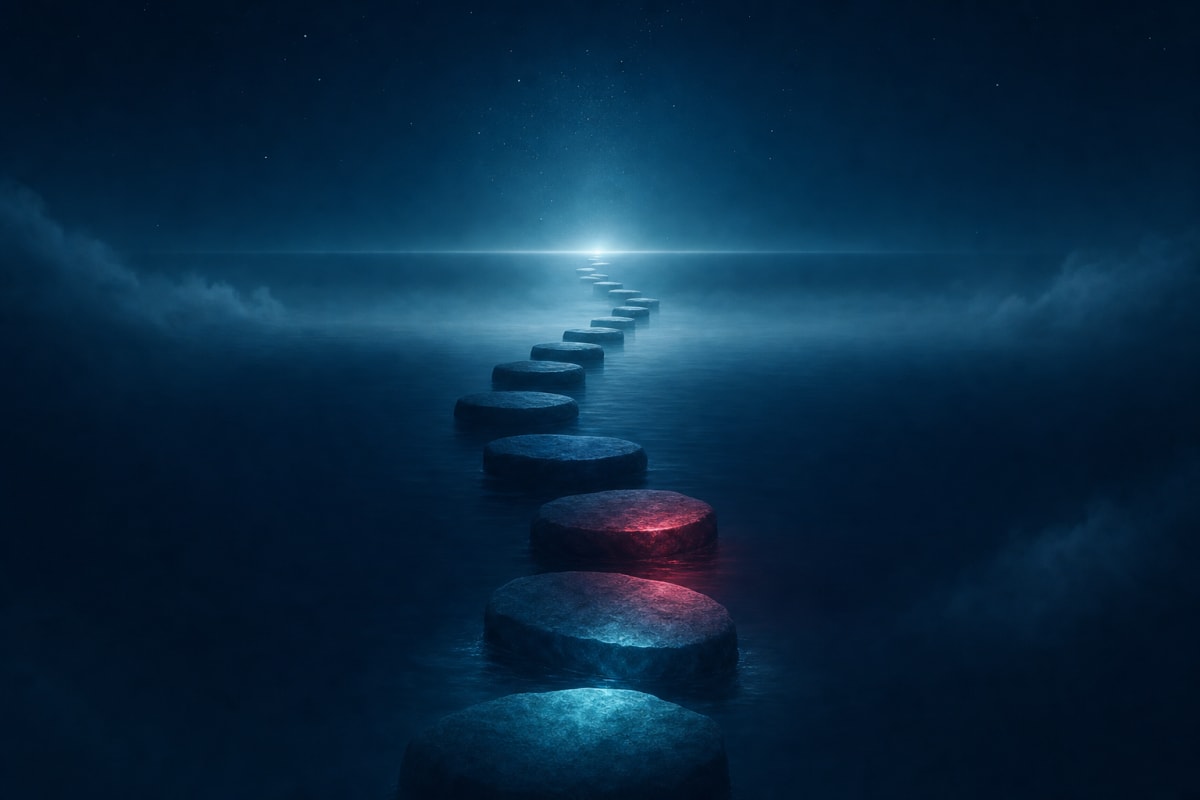 A path of luminous stepping-stones leading across dark water toward a glowing horizon