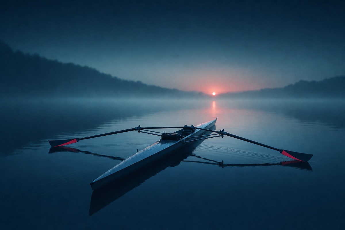 A single rowing shell gliding across calm water at dawn