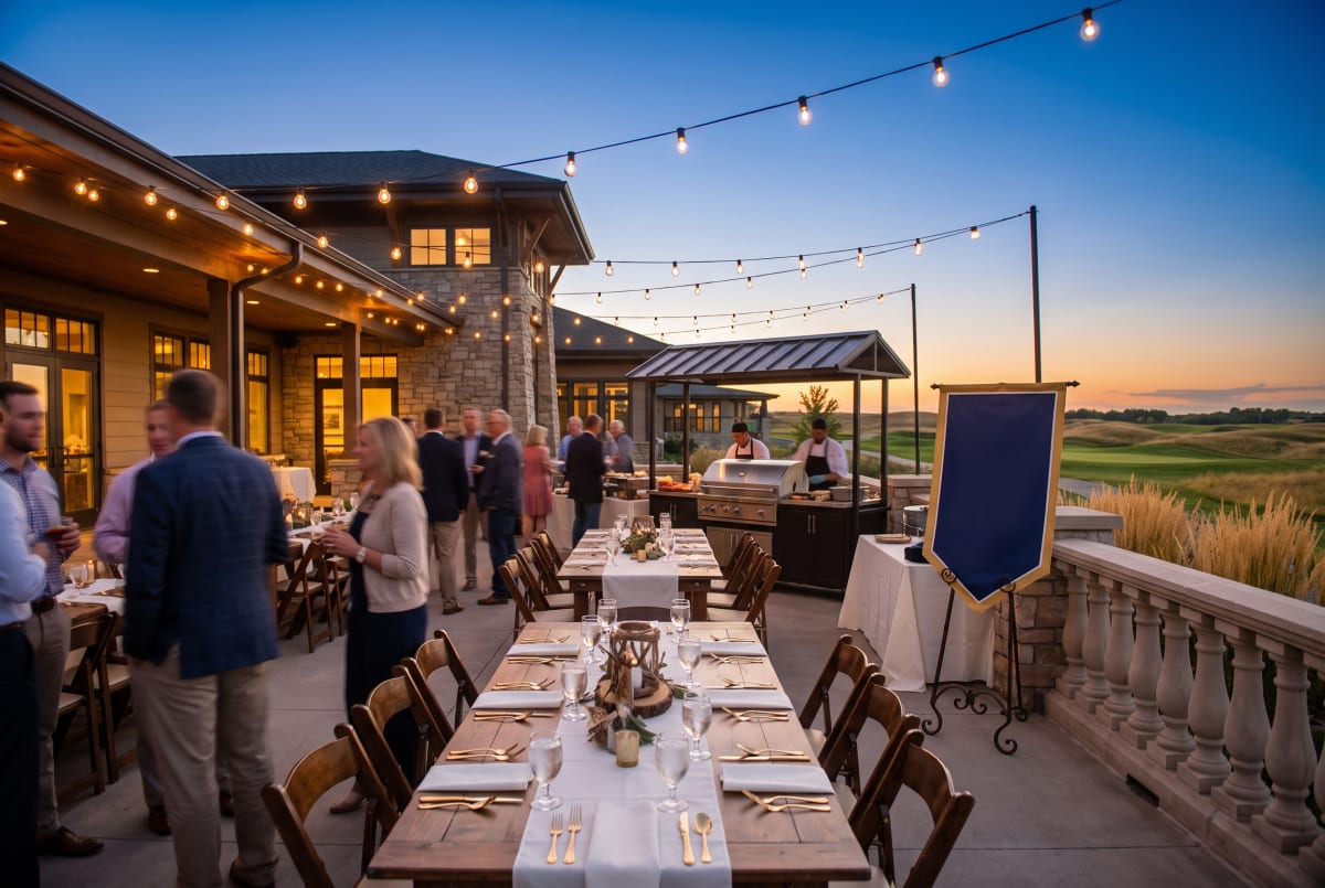 Clubhouse patio set for the BBQ dinner reception at dusk