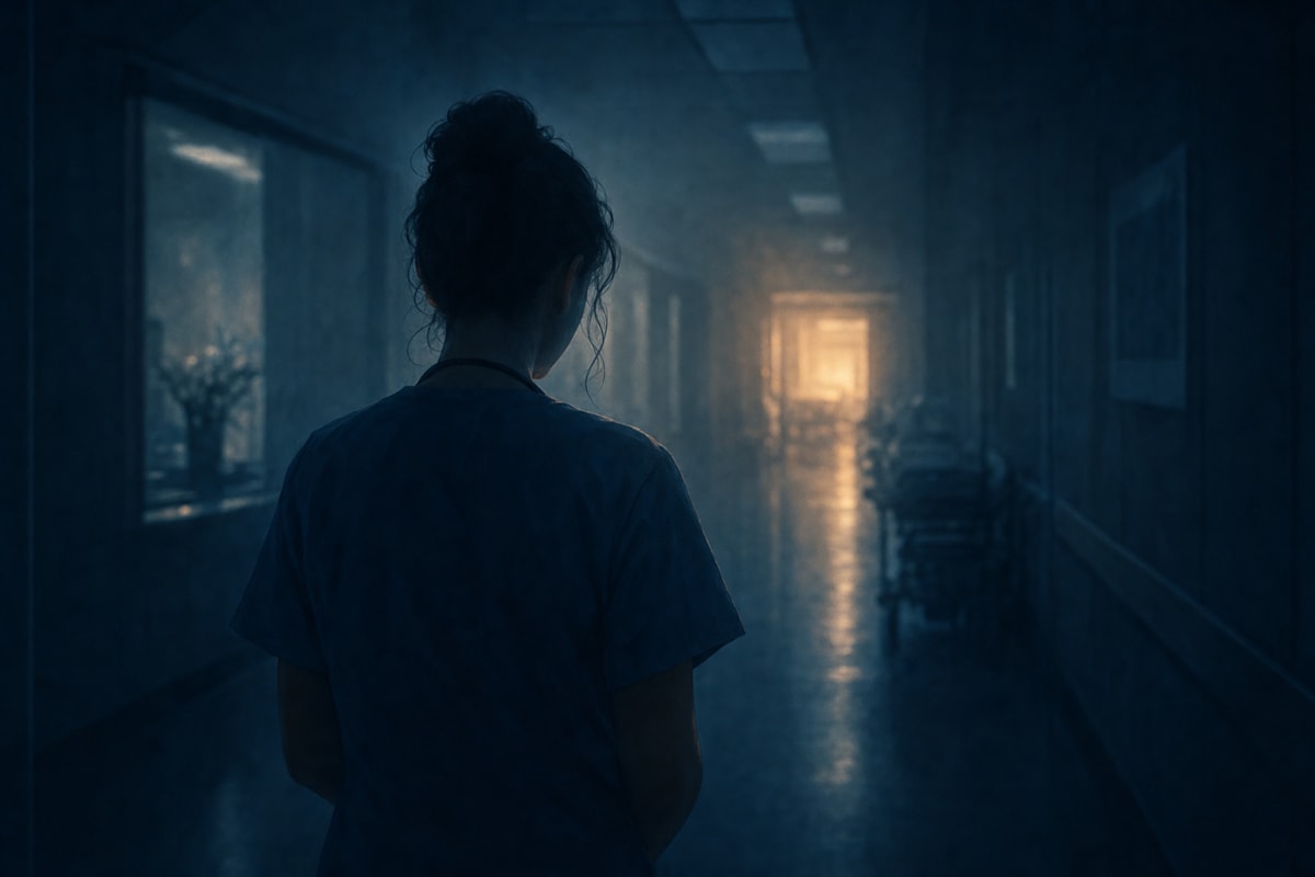 A nurse's silhouette in a darkened hospital corridor, a warm light glowing ahead