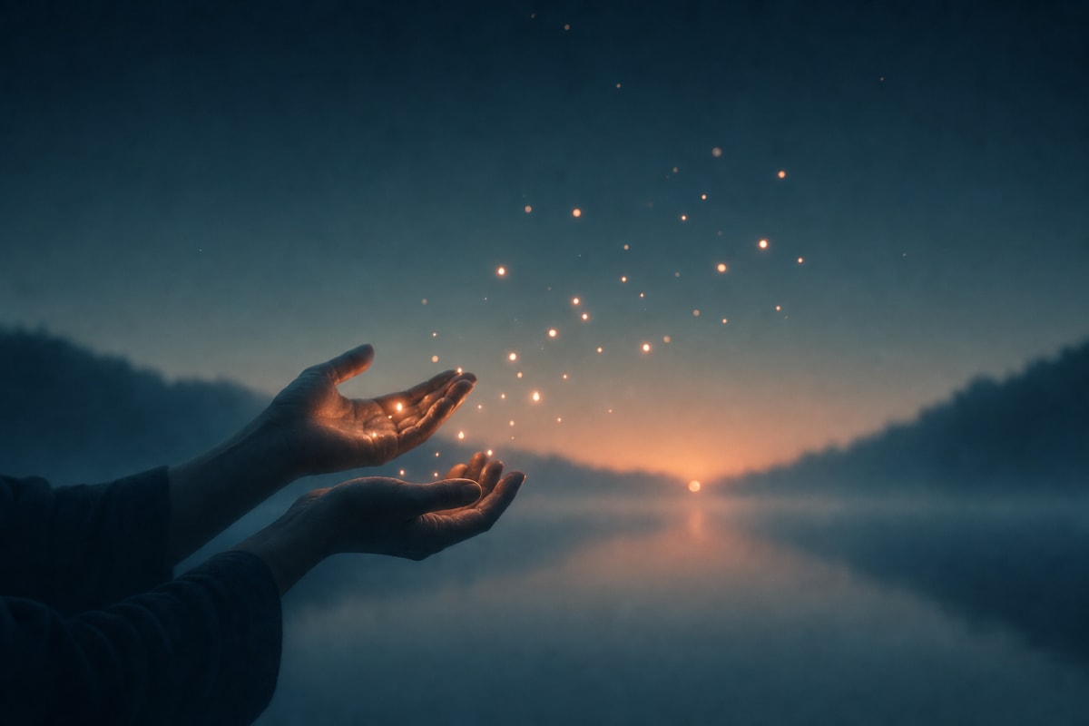 Open hands releasing small points of warm light into a dark sky