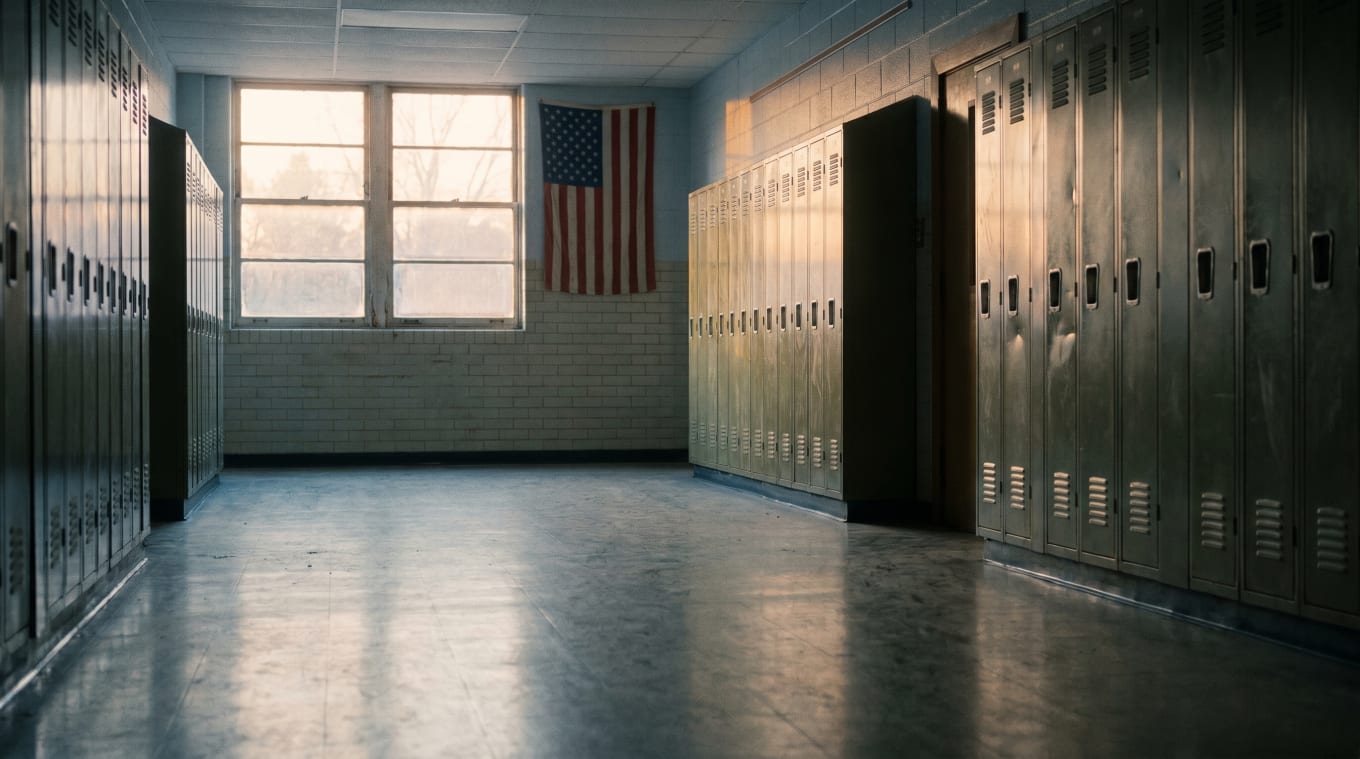 An empty American public high school hallway with lockers and a U.S. flag in morning light