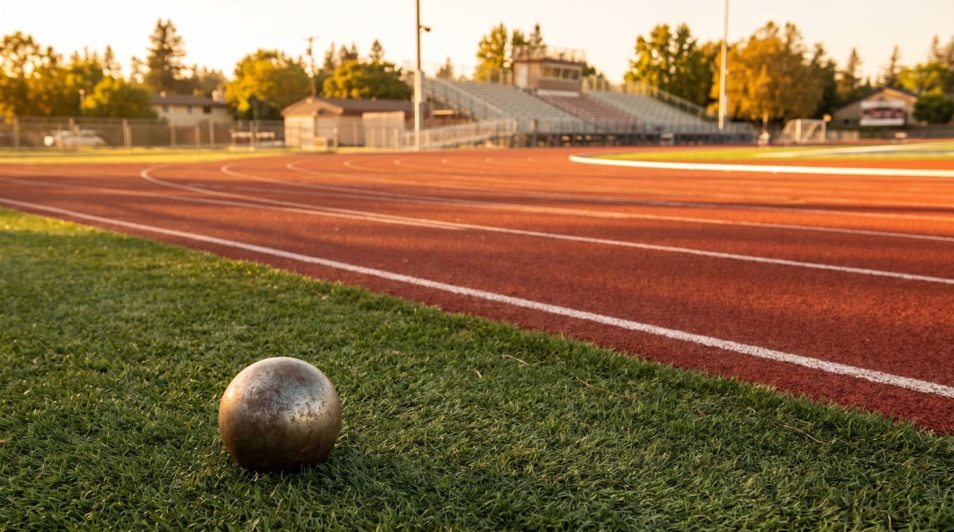 An empty high school running track at golden hour with a shot put resting on the infield grass