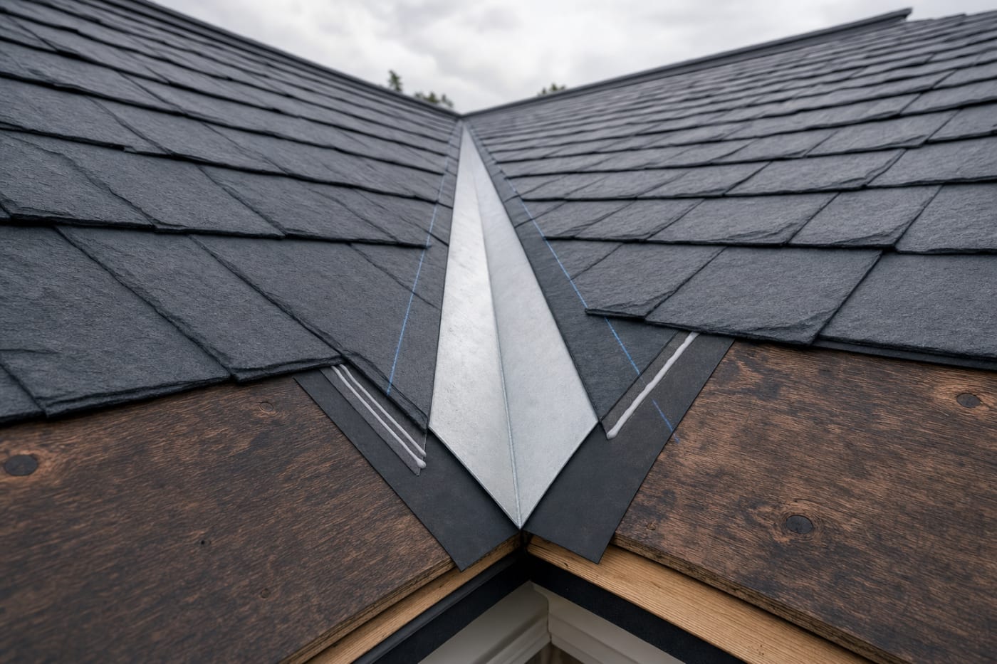 Open valley with W-style metal flashing centered, self-adhered membrane below, and slate-look REVIA shingles laid up to the valley with 45-degree corner cuts