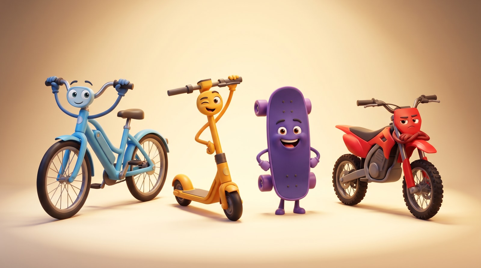 A friendly cartoon lineup of four e-mobility devices with eyes and personalities: a smiling sky-blue e-bike, a winking marigold-yellow electric kick scooter, a grinning purple electric skateboard, and a grumpy red electric dirt bike standing apart from the others.