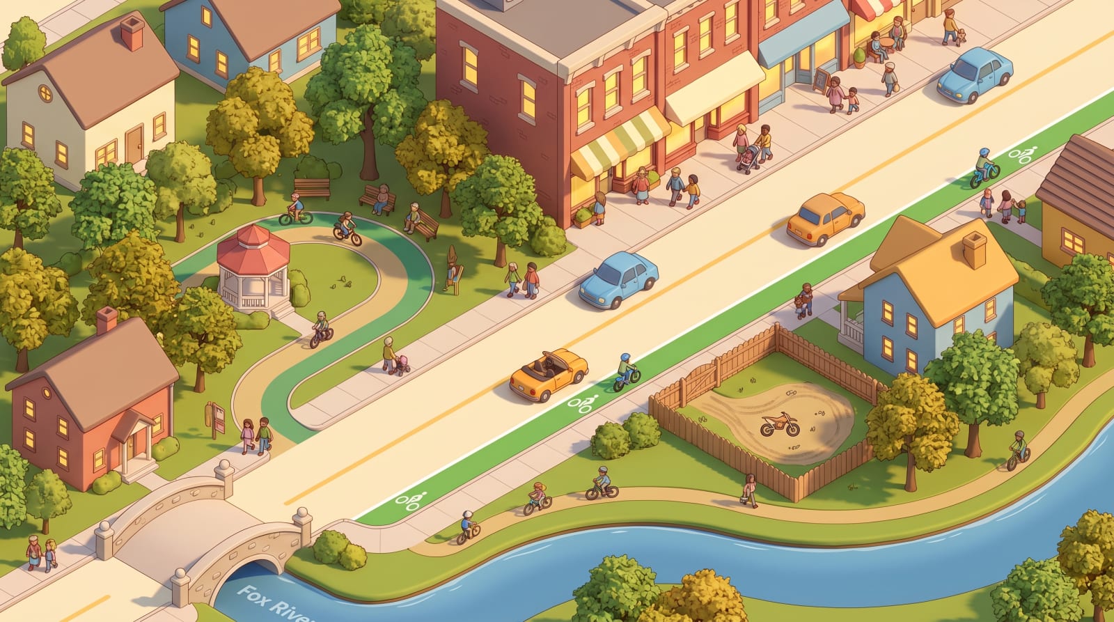 A cheerful isometric cartoon map of a Batavia-style neighborhood showing a main street with cars, a bright-green-painted bike lane along it, a separate paved bike path winding through a park with a gazebo, a sidewalk along the storefronts where only pedestrians walk, the Fox River curving with a small footbridge, and a fenced grassy private lot where a small dirt bike sits.